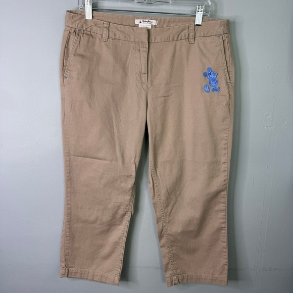 Disney Parks Khaki Tan Capri Pants Blue Embroidered Mickey Mouse Women's Size 12 - Picture 2 of 12